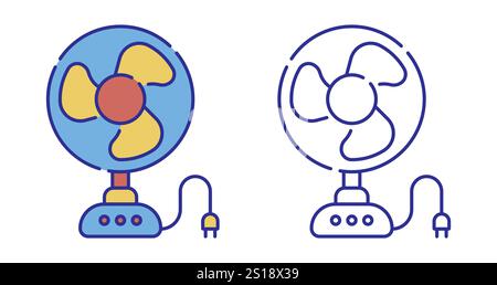 Thin line stroked color icon. Electric fan for cooling room during hot summer season. Maintaining comfortable temperature in room. Simple vector isola Stock Vector