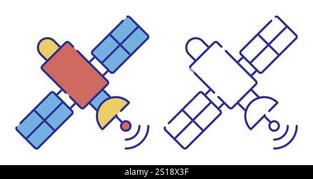 Thin line stroked color icon. Telecommunications orbital satellite sends signal to receiving device. Navigation spacecraft for transmitting. Simple ve Stock Vector