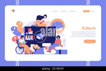 Edtech concept. Diverse students engage with digital technology for education. Online learning platform with inclusive virtual classroom. Vector illustration. Stock Vector