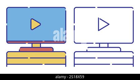 Thin line stroked color icon. Flat screen TV on home theater table. Watching movie at home on larger screen. Simple vector isolated on white backgroun Stock Vector