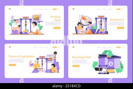 Food printing concept set. Exploring future dining, with chefs using 3D printers to make dishes and choosing eco-friendly ingredients. Recycling in modern gastronomy. Vector illustration. Stock Vector
