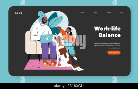Remote Work-life Balance concept. Man working on laptop with child and pet in cozy home setting. Family and career combination, home office lifestyle. Vector illustration. Stock Vector