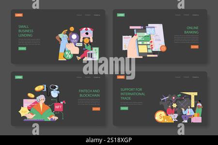 Digital solutions for small business lending, online banking, fintech, blockchain integration, and international trade support. Modern design for innovative banking. Vector illustration. Stock Vector