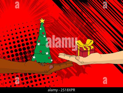 Cartoon, comic book human hands holding Gift Box and Christmas decorated pine tree. Retro vector comics pop art design. Stock Vector