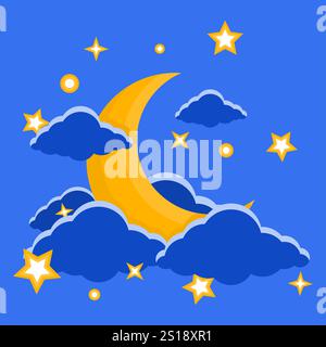 Beautiful Crescent Moon with Clouds and Stars Vector. Bright Crescent Moon Element. Stock Vector