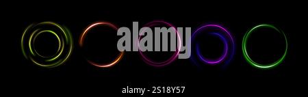 Neon light circles set isolated on black background. Vector realistic illustration of round yellow, orange, blue, green color portal glowing in darkness, futuristic portal design, abstract space swirl Stock Vector