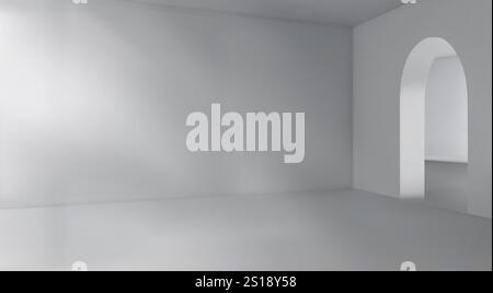 Empty 3d interior space with monochromatic gray surfaces. Minimalist room with smooth walls, clean floor and rounded archway entrance. Mockup for architectural presentations or product placement. Stock Vector