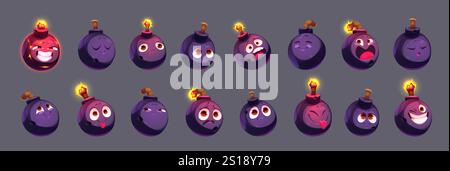 Bomb characters set isolated on black background. Vector cartoon illustration of funny explosive mascots with burning wick, evil, angry, scared, happy smile, winking emotions on face, boom emoji Stock Vector