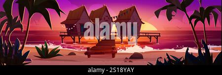 Tropical beach huts panorama - wooden bungalows standing on boardwalk stand over ocean waves during sunset. Palm trees on seaside landscape with pink gradient sky creating exotic vacation atmosphere. Stock Vector