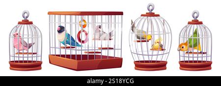 Colorful parrots in metal cage - silver enclosures with wooden bases and silver handles. Exotic birds with pink, blue, yellow, green plumage sitting inside white bars. pet shop or aviary elements. Stock Vector