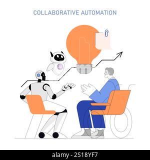 Business Process Automation concept. A robot with AI interacts with a human, suggesting collaborative work and innovation. Vector illustration. Stock Vector