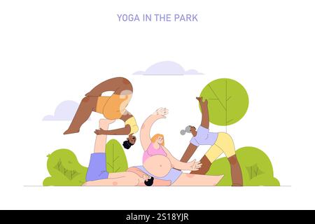 Healthy Lifestyle concept. People practicing yoga in a park, promoting physical fitness and mental well-being. Outdoor exercise session in nature. Vector illustration. Stock Vector