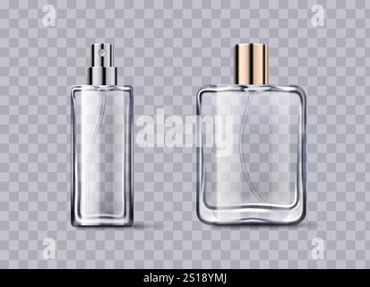Fragrance glass bottle mockups set - transparent rectangular containers with spray and solid caps. Premium perfume packaging templates with silver and gold finishes, light reflections on clear surface Stock Vector