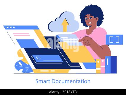 Smart Documentation concept. Woman uploading files to cloud storage from her laptop, depicting digital organization. Paperless office technology, online data management. Vector illustration. Stock Vector