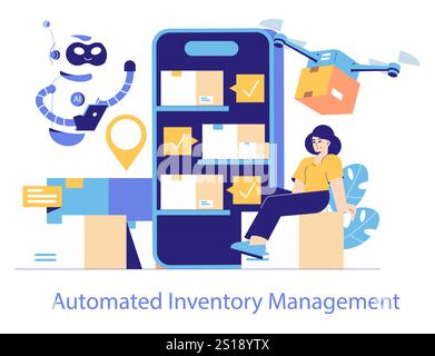 Logistics Automation concept. Streamlined inventory management using AI, drones, and automation. Future of efficient warehousing and delivery. Vector illustration. Stock Vector