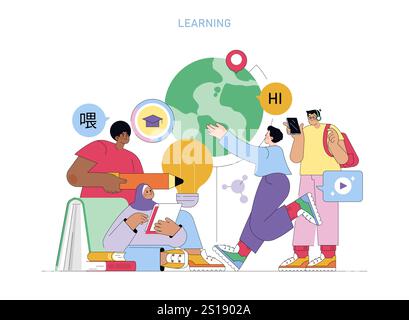 Global education concept. Diverse students engaging with digital tools and global knowledge. Multicultural exchange and e-learning. Vector illustration. Stock Vector