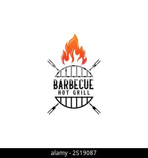 Vintage hipster Grill Barbeque invitation party barbecue bbq with crossed fork spatula and fire flame Logo design Stock Vector