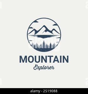 Mountain logo outdoor emblem circle - adventure wildlife pine tree forest design, hiking exploration nature, camping basecamp campfire alpine himalaya Stock Vector