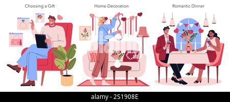 Valentine's Day celebration illustration. The image captures the essence of love through gift selections, home decoration, and romantic dinner settings. It represents thoughtful gestures, special moments, and heartfelt connections. Vector illustration. Stock Vector