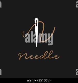 Abstract Initial Letter N Tailor logo, thread and needle combination with gold colour line style , Flat Logo Design Template, vector illustration Stock Vector