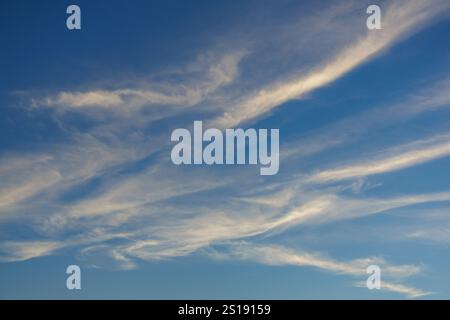 Elongated Clouds - Wispy clouds form a web like structure on a clear blue sky as they spread out from a central cluster, stretching horizontally. Stock Photo