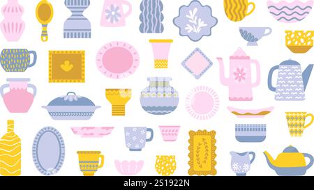 Cartoon kitchen dishes. Modern vintage ceramic crockery elements. Plates pots vases bowls and cups. Isolated kitchen tableware, neoteric vector set Stock Vector