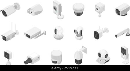 Isometric security systems. Cctv cameras for face recognition, indoor outdoor street monitoring systems. Digital technologies for protection, flawless Stock Vector