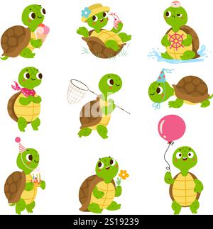 Turtle characters in different poses. Turtles drinks cocktail, eating ice cream, play with balloon and helm. Birthday funny animals nowaday vector set Stock Vector