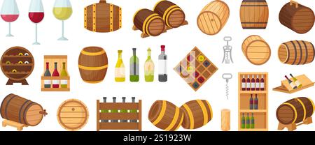 Wine cellar elements. Bottles and wooden barrels for drinks storage. Winery equipment and products. Glasses, shelf and boxes, neoteric vector set Stock Vector