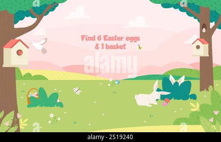 Hidden objects game Easter location. Eggs hunt in garden, find egg and festive basket. Cute cartoon bunny, butterfly and bird. Springtime vector Stock Vector