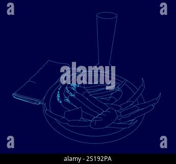 Blue drawing of a plate of food with a glass of beer on top. The plate has a few pieces of food, including some shrimp and a couple of carrots. Scene Stock Vector