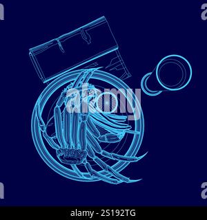 Blue drawing of a crab with a book and a cup on a table. The crab is surrounded by a circle and has a telescope on its head. Scene is mysterious and i Stock Vector