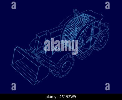 Blue drawing of a tractor with a large scoop on the front. The tractor is shown in a blue drawing Stock Vector