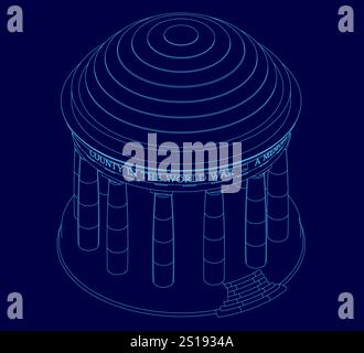 Blue drawing of a building with the words "County in the World War" written on it Stock Vector