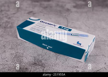 Detailed View of Ozempic 1 mg Semaglutide Box in Barcelona, Spain, Showcasing Medication and Essential Items for Diabetes Care Stock Photo