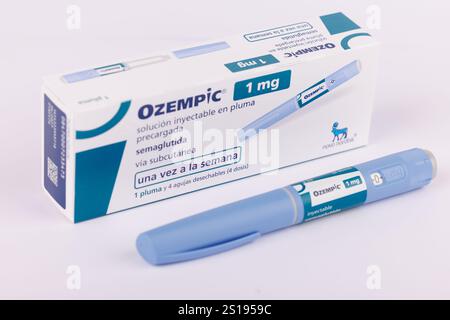 Capture of Ozempic 1 ml Medication Box and Injection Pens on White Background in Barcelona, Spain, Emphasizing Semaglutide Stock Photo