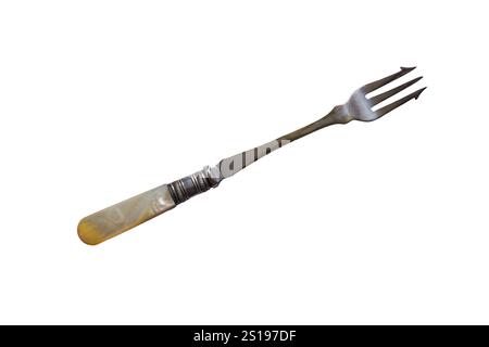 Antique silver plated pickled onion fork, pickle fork, olive fork with mother of pearl handle isolated on white background - made in Sheffield Stock Photo