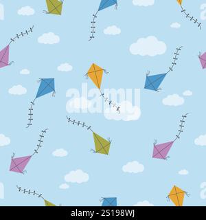 Cute kites background and clouds in the sky. Seamless pattern with beautiful kites fly in the blue sky. Vector illustration Stock Vector