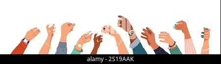 Multicultural people raising hands in imitation of holding glasses gestures flat color vector illustration. Men and women arms cartoon composition on Stock Vector
