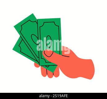 Hand holding cash money fan flat color vector illustration. Person gaining financial bonus closeup cartoon icon on white background Stock Vector