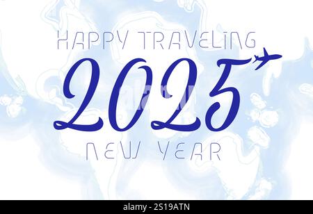 Happy Traveling New Year 2025 creative graphic congrats. Business discount card concept. Travel ticket template. Typography design with flying plane. Stock Vector