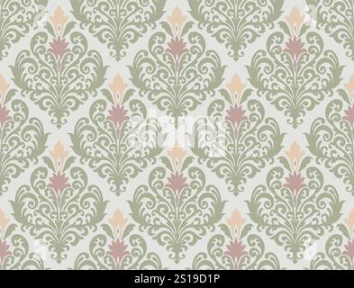 Soft pastel-colored damask pattern with floral and ornamental elements on a light background. Damask seamless pattern. Stock Vector