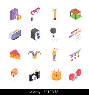 This image features a set of colorful, isometric icons depicting various elements associated with a celebration or event Stock Vector