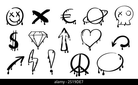 Graffiti y2k groovy tattoo hand drawn paint with splatter street drawing. Heart, smile arrow elements, ink print. Trendy splash brush illustrations. Vector illustration Stock Vector