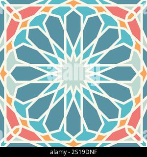 An intricate Islamic geometric pattern featuring a radiating starburst motif in blue, orange, and pink with fine symmetrical details. Seamless pattern Stock Vector