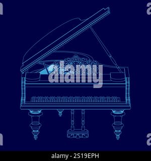 Blue piano design is shown in the image. The piano is open, revealing its intricate design. The blue color scheme gives the piano a classic and timele Stock Vector