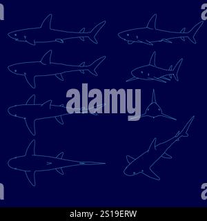 Series of blue drawings of sharks. The drawings are all different sizes and angles, but they all have the same basic shape. The mood of the images is Stock Vector
