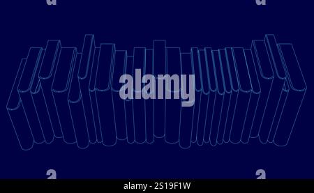 Row of books is shown in a blue color. The books are lined up in a row, and they are all different sizes. The image gives the impression of a library Stock Vector