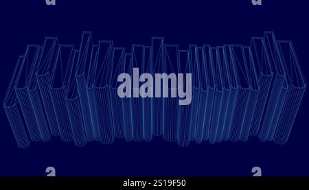 Blue image of a stack of books. The books are stacked in a row and are all the same size. The image has a very organized and orderly feel to it Stock Vector