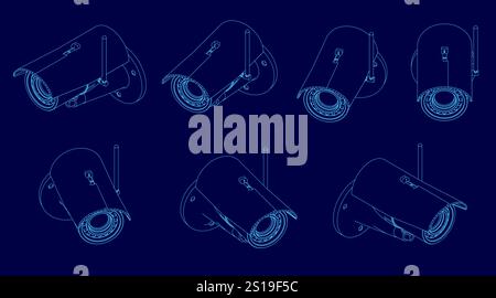 Series of blue images of security cameras. The images are all different sizes and angles, but they all have the same basic design. The mood of the ima Stock Vector